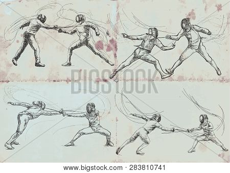 Competitive Fencing. Vector Collection, Pack. Two Sportmen, Athletes In A Match. An Hand Drawn Illus