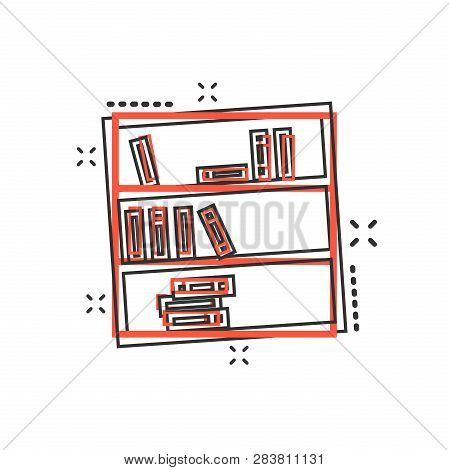 Vector Cartoon Bookcase Furniture Icon In Comic Style. Furniture Sign Illustration Pictogram. Booksh