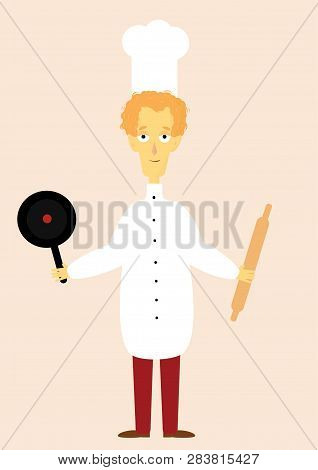 Cute Kid Cook In Cook Hat With Skillet And Rolling Pin