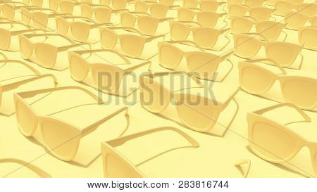 Orange Sunglasses Background. Abstract White Trendy Pattern With Glasses. 3d Render Illustration. Pe