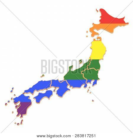 Japanese Map With Lgbt Flag, 3d Rendering
