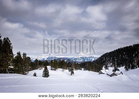 Panoramic View From Scheibelalm In Holiday Resort Hohentauern To Ennstaler Alps With Mountains Reich