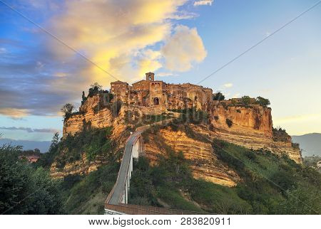 Civita Di Bagnoregio Ghost Town Landmark, Aerial Panoramic View On Sunset. Lazio, Italy, Europe.
