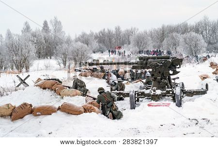 Krasnoye Selo, St. Petersburg, Russia - January 19, 2019: Military Historical Reconstruction - The B