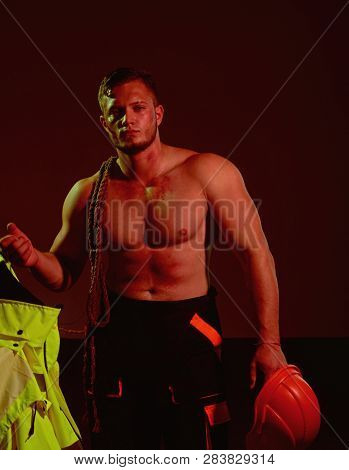 Handsome And Handy. Hard Worker With Muscular Sexy Torso. Construction Worker Or Builder. Muscular M