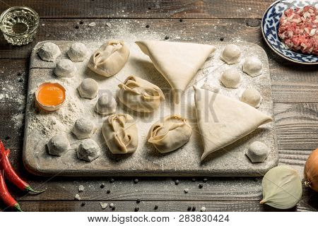 Traditional Oriental, Uzbek Cuisine, Chuchvara, Manti And Samsa, A Set Of Dishes Made In One Set