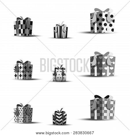 Set Of Gift Boxes On Isolited Background. Gift Boxes For Valentine Day In Black And White Colors. Ho