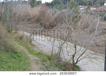 Small River In Olympia, Greece On A Cloudy Morning
