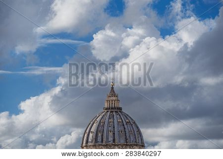 Wondwrful Saint Peter Dome In Rome, Symbol Of Roman Catholic Church, Among Clouds
