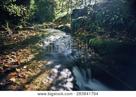 Long Exposure Of A River Creek With A Small Waterfall. Sunset And Strong Detail Bokeh View. Blue Cal