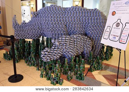 An Adult And Baby Rhinoceros, Canstruction Public Art Exhibit At Merchandise Mart, Chicago, Il Septe