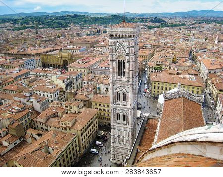 Florence Cityscape. Aerial View From The Top Of Duomo Cathedral. Tuscany, Italy