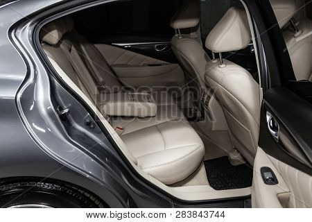 Novosibirsk, Russia - February 10, 2019:  Infiniti Q50, Close-up Of The Rear Seats. Photography Of A