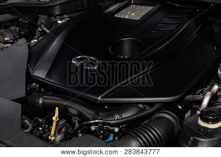 Novosibirsk, Russia - February 10, 2019:  Infiniti Q50, Close-up Of The Engine, Front View. Photogra