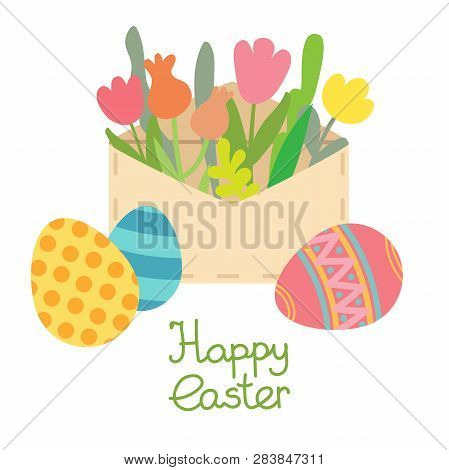 Vector Paper Mail Envelope.easter Egg And Flowers