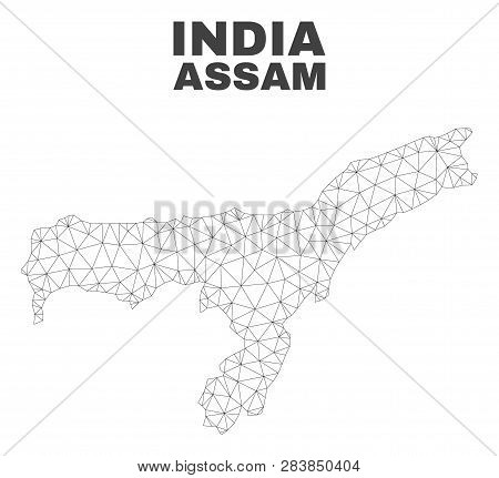 Abstract Assam State Map Isolated On A White Background. Triangular Mesh Model In Black Color Of Ass