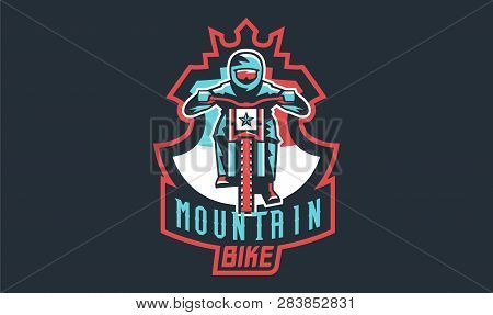 Emblem Of A Cyclist On A Mountain Bike. Sport Bike Logo. Sport Bicycle, Racer, Jump, Downhill, Mtb, 