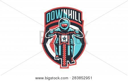 Emblem Of A Cyclist On A Mountain Bike. Sport Bike Logo. Sport Bicycle, Racer, Jump, Downhill, Mtb, 