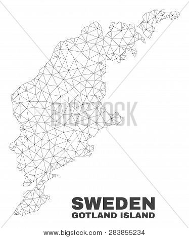 Abstract Gotland Island Map Isolated On A White Background. Triangular Mesh Model In Black Color Of 