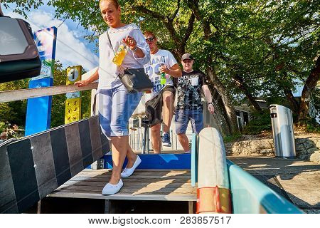 Rhine, Switzerland - September 19, 2018: Tourists Coming In The Boat On The River Rhine Near The Rhi