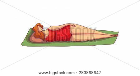 Beautiful Plump Woman Taking Sunbath, Lying On Carpet. Attractive Young Girl In Bright Red Swimsuit.