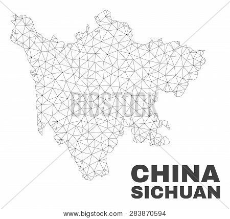 Abstract Sichuan Province Map Isolated On A White Background. Triangular Mesh Model In Black Color O