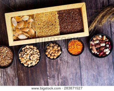 Bean Seeds, Lentil, Peas On Wooden Table, Healthy Rich With Fiber Food, Food Rich In Vitamin A, E, B