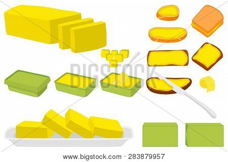 Illustration On Theme Big Colored Set Different Types Creamy Butter, Dairy Oil Various Size. Creamy 