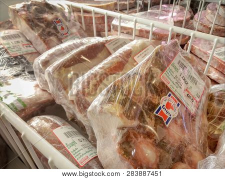 Bangkok, Thailand - February 10: Packed Frozen Ox Tail On Retail In The Meat Section Of Foodland Sup
