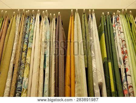 Sale! colorful fabrics in the store, close up