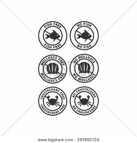 No Sea Food Allergens Ingredients Sticker. No Fish, No Molluscs, No Crustaceans Vector Label Package