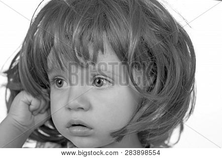 Funky Style Beauty. Cute Baby With Long Blue Hair. Small Child Wear Blue Wig Hair. Small Kid In Fanc