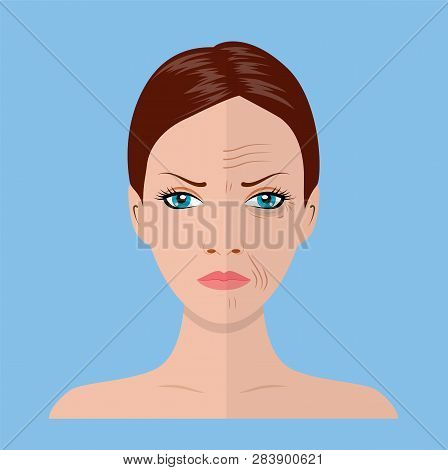 Face Of Young Woman And Old Woman With Wrinkles. Facial Aging Before And After