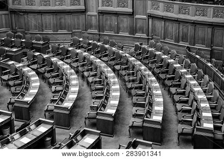 Copenhagen, Denmark - Occtober 05, 2016: Black And White Photograph Of The Interior Of The Danish Pa