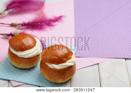 Fastelavnsris and other Fastelavn decorations, scissors and traditional buns