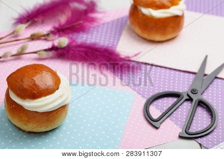 Fastelavnsris and other Fastelavn decorations, scissors and traditional buns