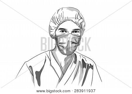 Doctor Wearing A Mask Vector Sketch. Storyboard Character Detailed Illustrations