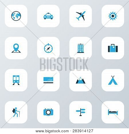 Traveling Icons Colored Set With Doss, Camera, Sunny And Other Bed Elements. Isolated Vector Illustr