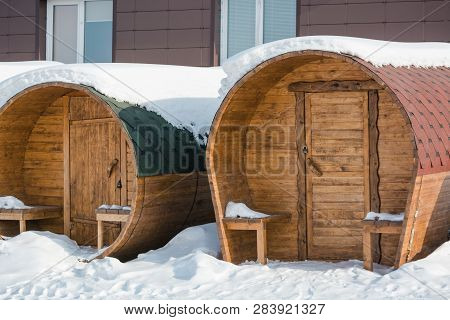 Round Bathhouse. Steam Manufacture. Bath In Russia. Sauna Ready For Sale.