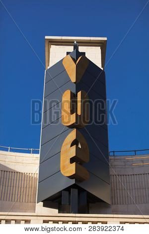 London, Greater London, United Kingdom, 7th February 2018, A Sign And Logo For Vue Cinema Complex In
