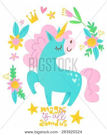 Cute Vector Poster With Cartoon Unicorn And
