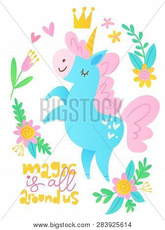 Cute Vector Poster With Cartoon Unicorn And