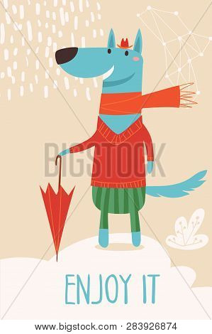 Vector Card With Cartoon Forest Animals Wolf