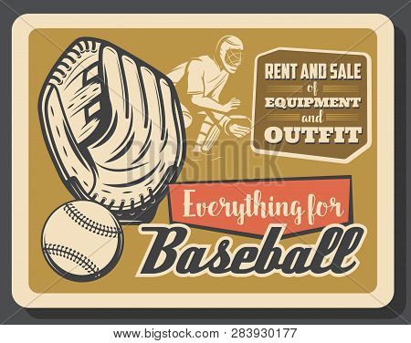 Baseball Sport Retro Poster, Vector. Glove With Ball And Catcher Player In Helmet, Championship Or T