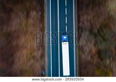 Aerial Drone View On Tir Truck On Asphalt Road