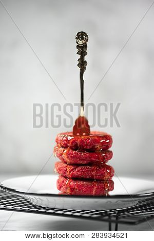 Pyramid Of Heesecakes With Honey - Russian Traditional Breakfast. Food Consept. Plate With Cakes On 