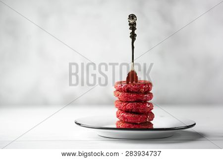 Pyramid Of Heesecakes With Honey - Russian Traditional Breakfast. Food Consept. Plate With Cakes On 