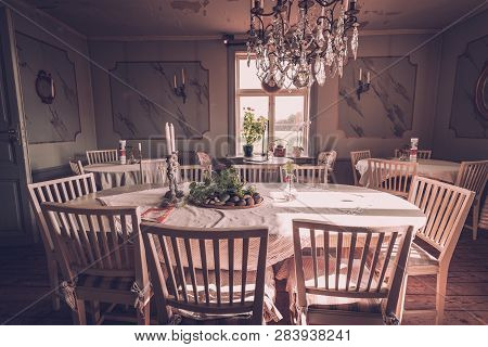 Vaxjo, Seden - October, 2018: Vintage Furniture, Decor Inside Classic Bergkvara Tantens Cafe, Beauti
