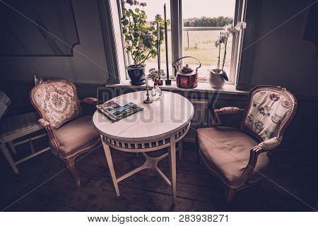 Vaxjo, Seden - October, 2018: Vintage Furniture, Decor Inside Classic Bergkvara Tantens Cafe, Beauti