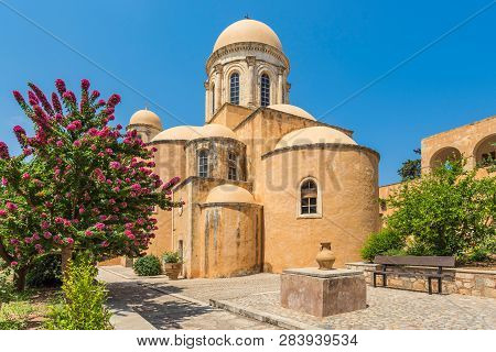 Chania, Greece - August 2018: The Monastery Of Agia Triada Of Tsagaroli In The Chania Region On The 